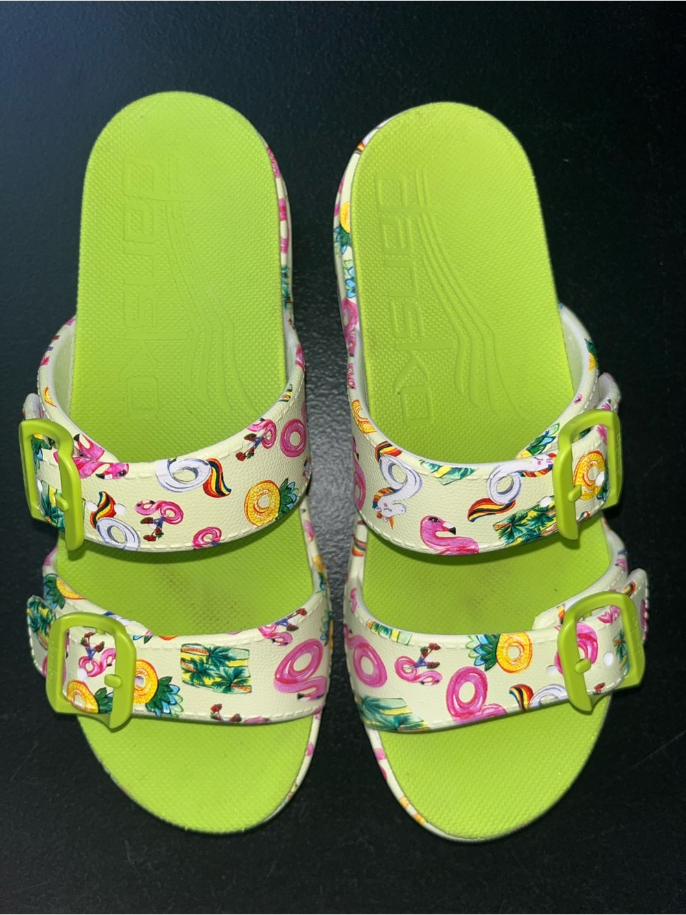 Dansko Kandi pool floats molded unicorn flamingo green pink sandals-size 38